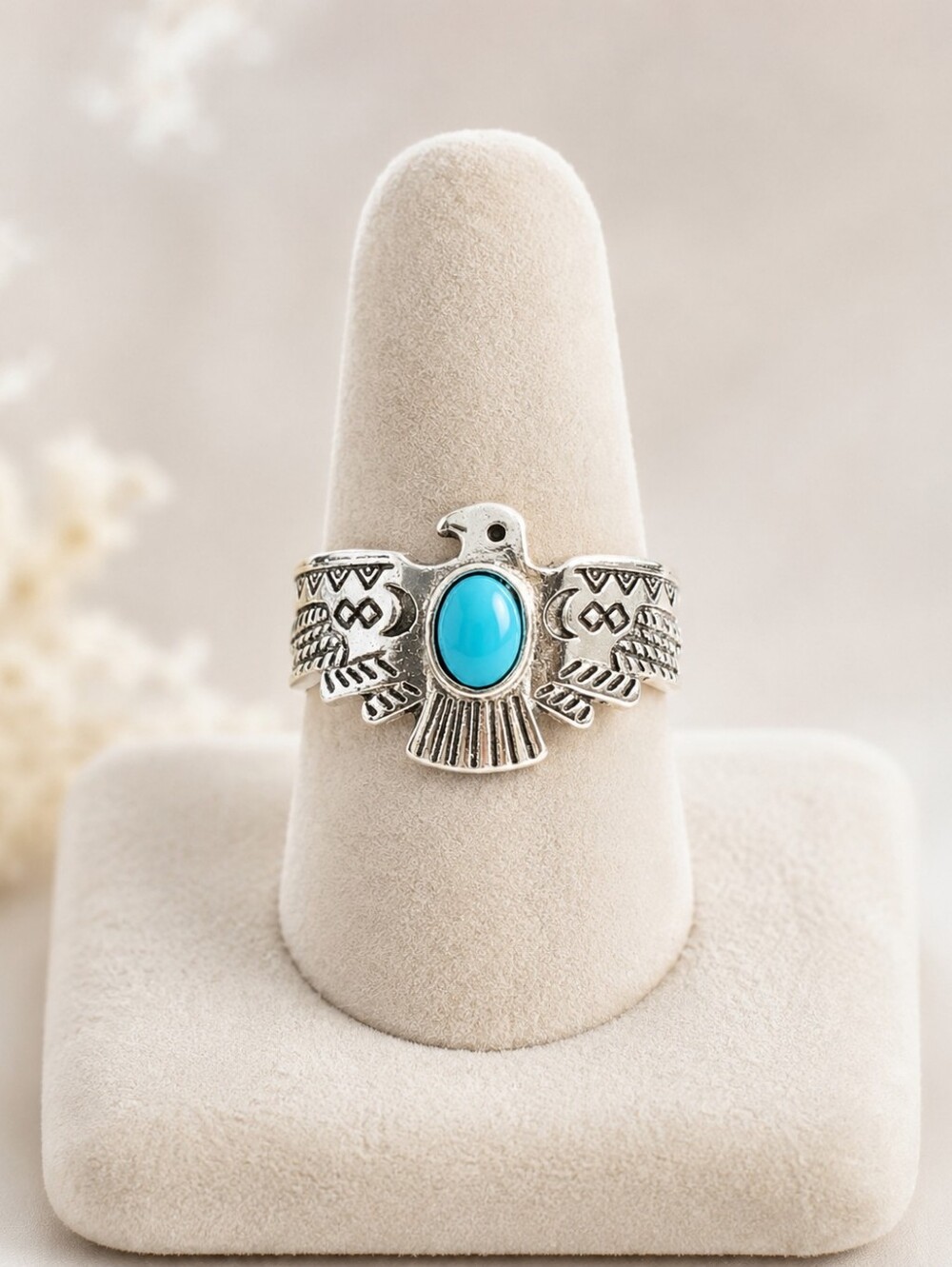 Festival Ecclectic Turquoise Eagle Silver Tone Metal Ring